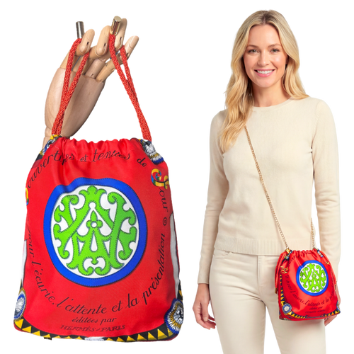 Couvertures et Tenues du Jour Red Vintage Silk Scarf Drawstring Crossbody Bag