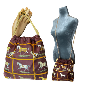 Petites Chevaux Brown Vintage Scarf Drawstring Crossbody Bag
