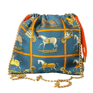 Petites Chevaux Teal Vintage Silk Scarf Drawstring Crossbody Bag