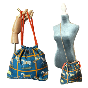 Petites Chevaux Teal Vintage Silk Scarf Drawstring Crossbody Bag