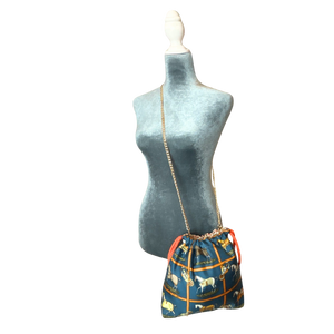 Petites Chevaux Teal Vintage Silk Scarf Drawstring Crossbody Bag