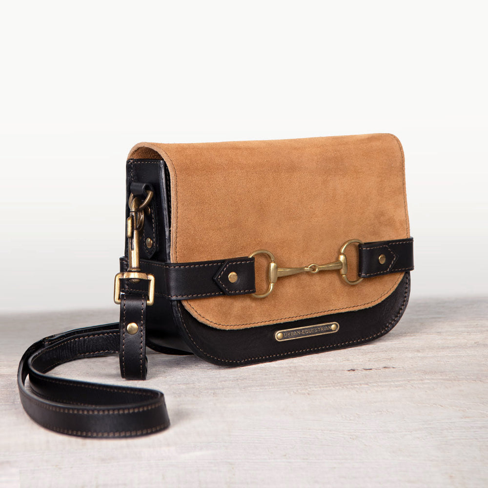 Saratoga- Horse Bit Crossbody Luxury Leather Handbag in Black on Chestnut
