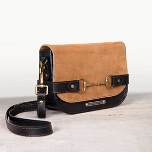 Saratoga- Horse Bit Crossbody Luxury Leather Handbag in Black on Chestnut