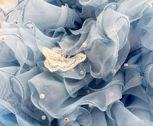 Handmade Sky Butterfly Princess Dog Dress – Luxury Blue Ruffle Ball Gown with Pearl Details