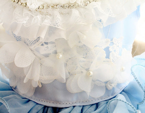 Handmade Sky Butterfly Princess Dog Dress – Luxury Blue Ruffle Ball Gown with Pearl Details
