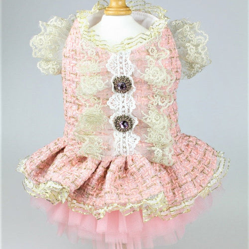 Vintage Pink Tweed Dog Dress - Elegant Pet Formal Wear with Jewel Accents