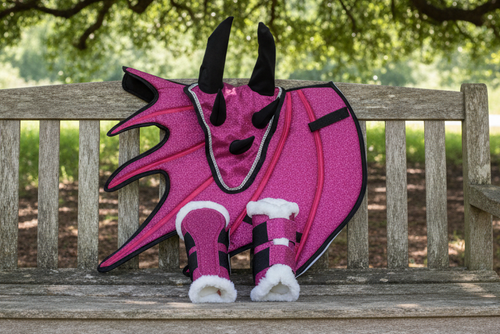 Pink Horse Dragon Saddle Pad, Ear Bonnet & Horse Boot Set