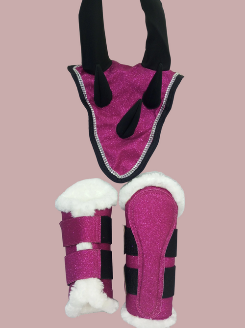 Pink Horse Dragon Saddle Pad, Ear Bonnet & Horse Boot Set