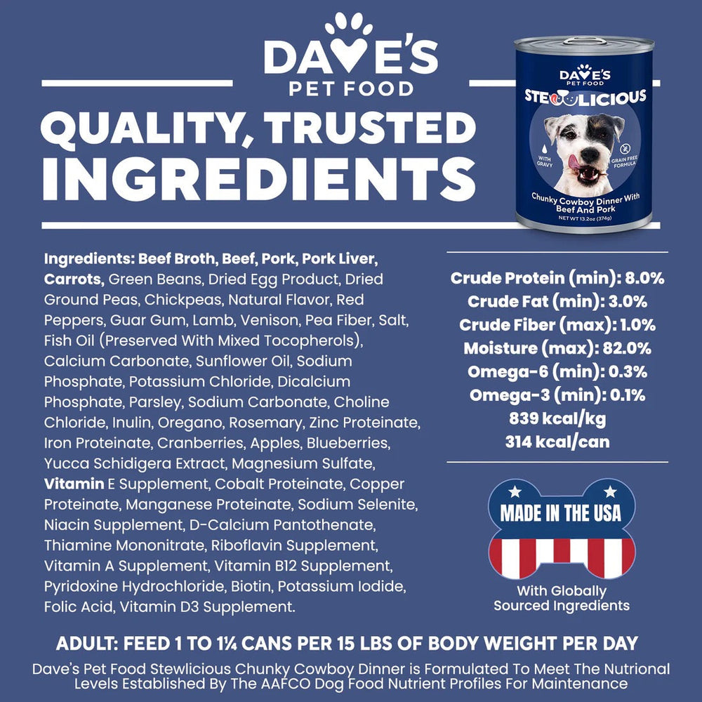 Dave's Stewlicious Cowboy Dinner w/ Beef & Pork Wet Dog Food (13.2oz)