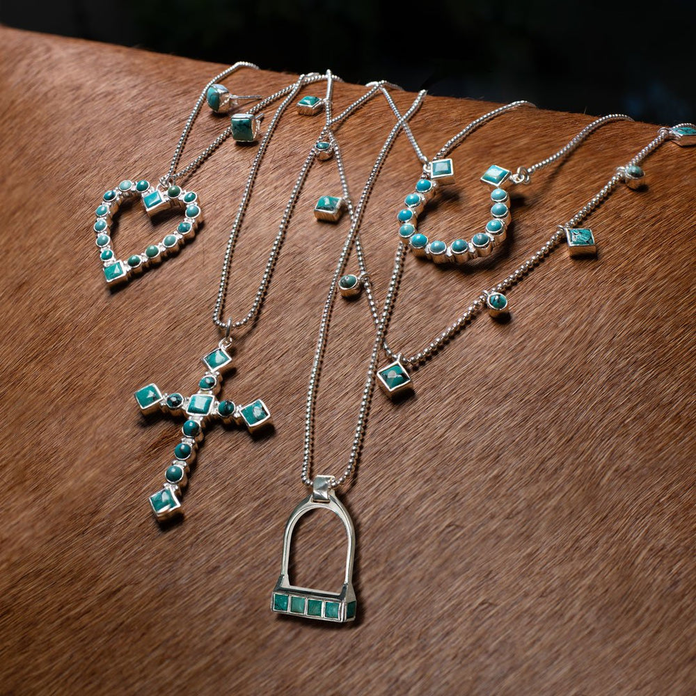 Keepsake - Turquoise Equestrian Riding Stirrup Necklace in Gold