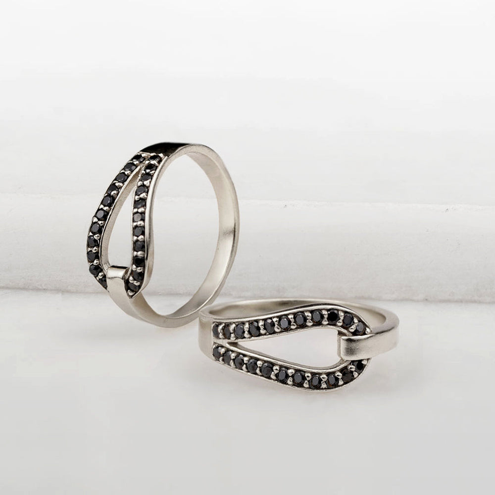 Levade - Black Moissanite Equestrian Horseshoe Ring in Silver
