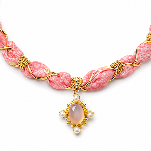 GG Horsebit Pink Vintage Scarf & Chalcedony Link Necklace