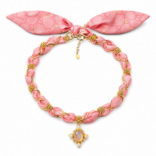 GG Horsebit Pink Vintage Scarf & Chalcedony Link Necklace