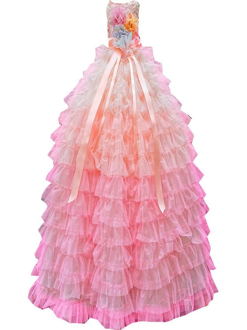 Blush Pink Layered Princess Dog Dress – Luxury Ruffle Puppy Gown with Ombre Tulle Train