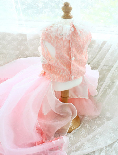 Blush Sakura Princess Dog Dress – Luxury Pink Floral Wedding Gown with Long Train