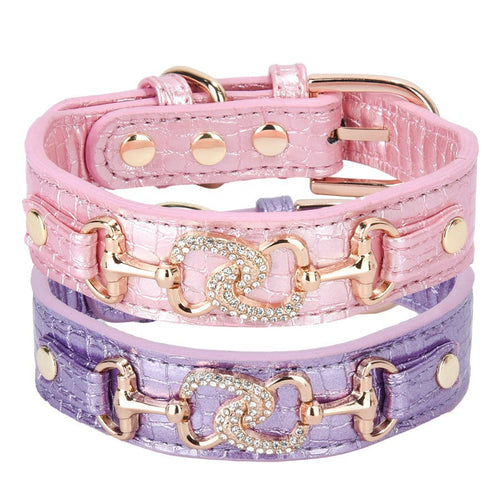 Luxury Crystal Heart Dog Collar – Pink & Purple Croc Texture
