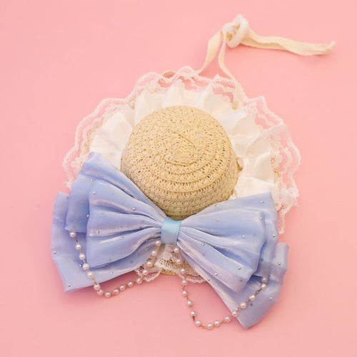 Straw Pet Hat with Lace & Bow Decoration