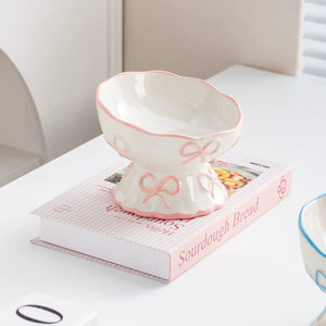 Cute Bow Ceramic Pet Bowl Elevated Princess Dog Cat Feeding Bowl