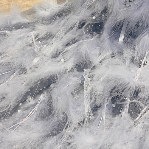 Silver Swan Feather Couture Dog Dress – Luxury Crystal Wedding Gown with Feather Train & Pearl Details