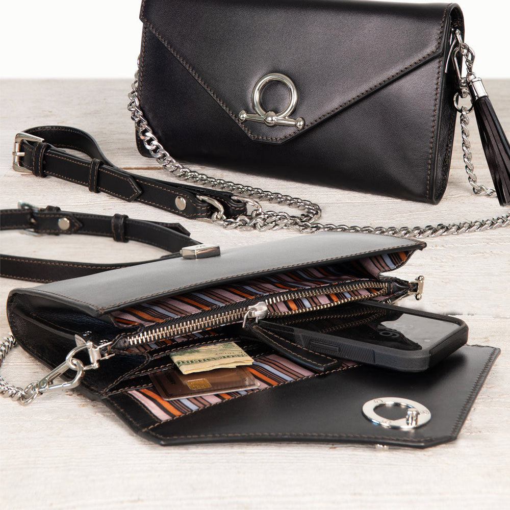 Del Mar - Horse Bit Crossbody Luxury Leather Handbag in Black