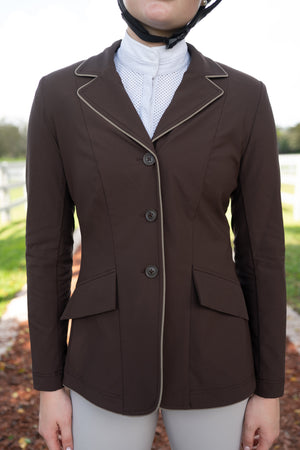 Grand Prix Ladies EQJ 3 Button Show Coat, Chocolate with Tan Piping