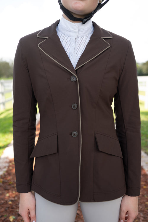 Grand Prix Ladies EQJ 3 Button Show Coat, Chocolate with Tan Piping
