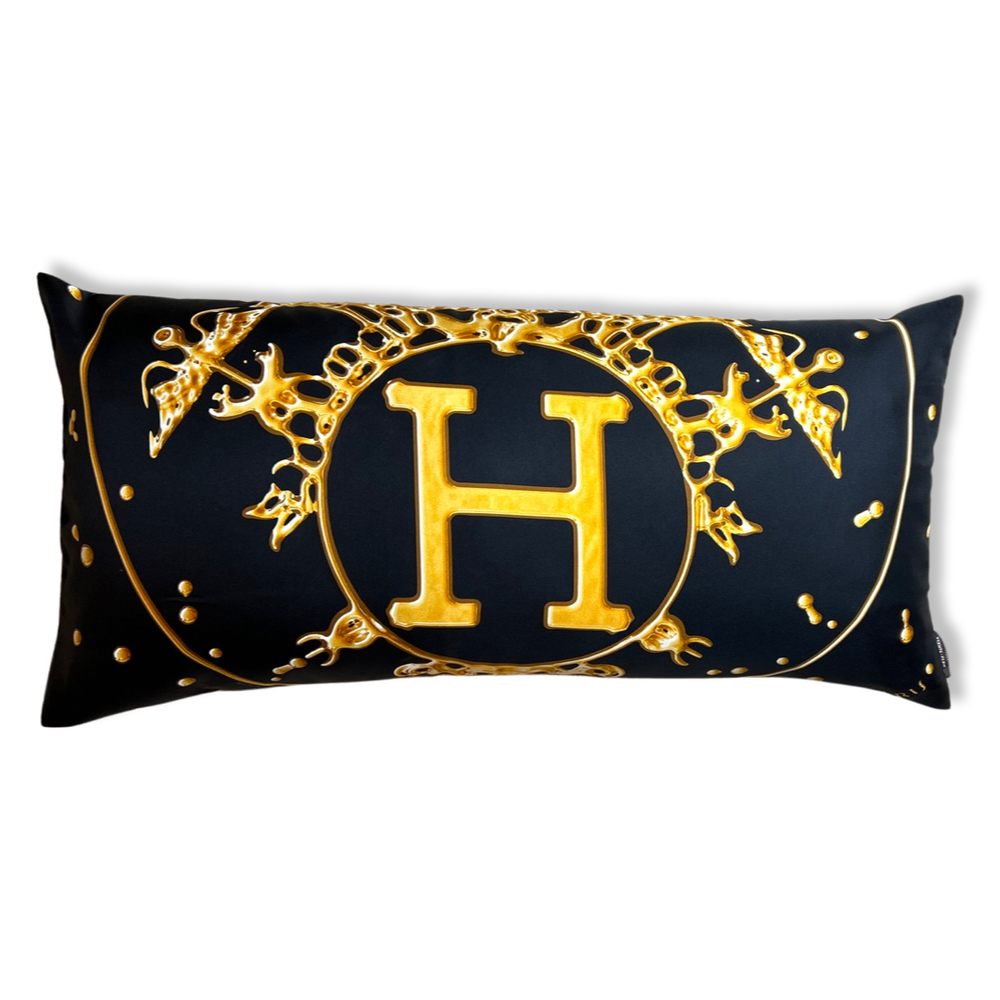 Vif Argent Noir Vintage Silk Scarf Lumbar Pillows 35"