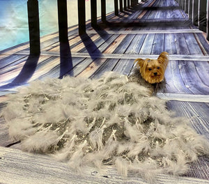 Silver Swan Feather Couture Dog Dress – Luxury Crystal Wedding Gown with Feather Train & Pearl Details