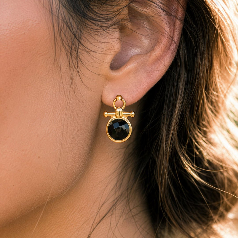 Adele - Black Onyx Horse Bit Equestrian Earring in Gold