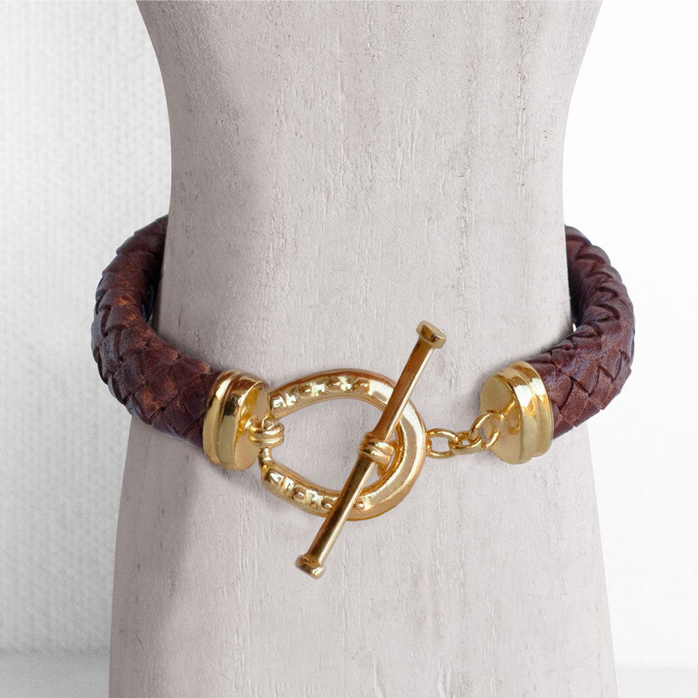 Aristo - 14K Gold Vermeil Brown Leather Horseshoe Bracelet