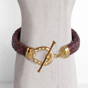 Aristo - 14K Gold Vermeil Brown Leather Horseshoe Bracelet