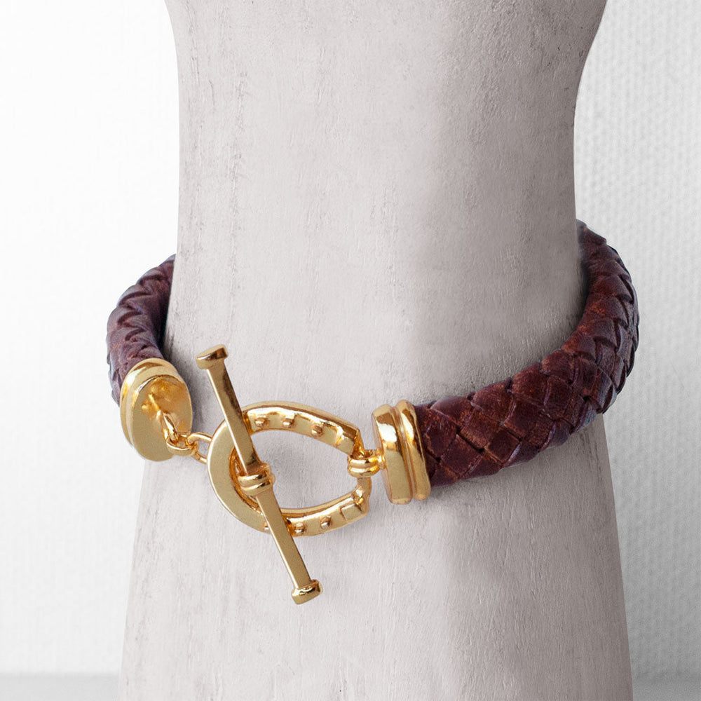 Aristo - 14K Gold Vermeil Brown Leather Horseshoe Bracelet