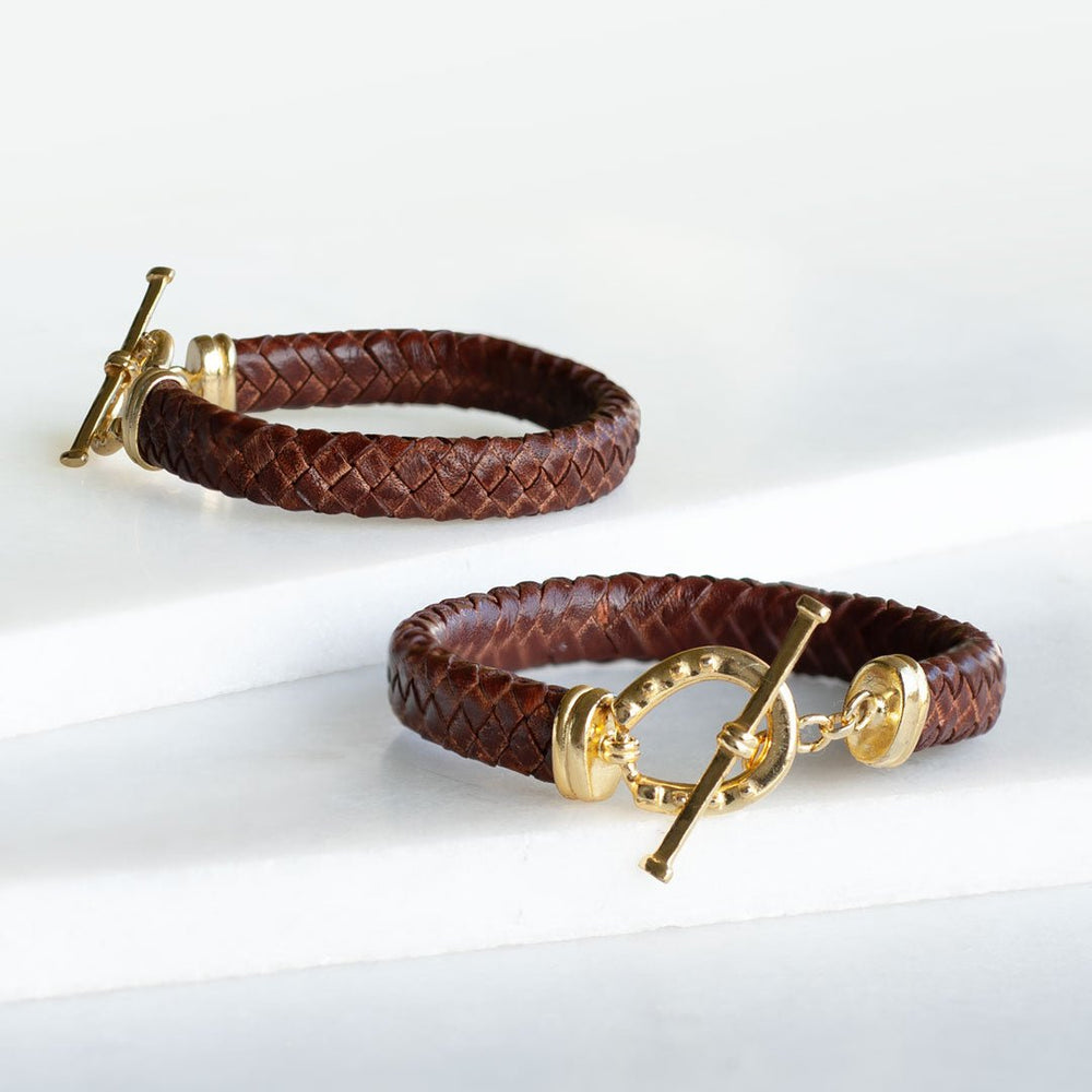 Aristo - 14K Gold Vermeil Brown Leather Horseshoe Bracelet
