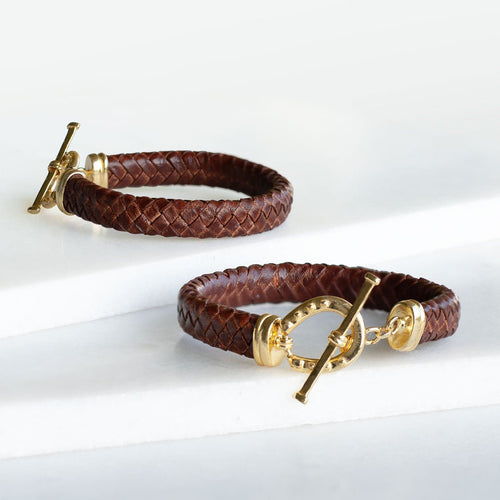 Aristo - 14K Gold Vermeil Brown Leather Horseshoe Bracelet