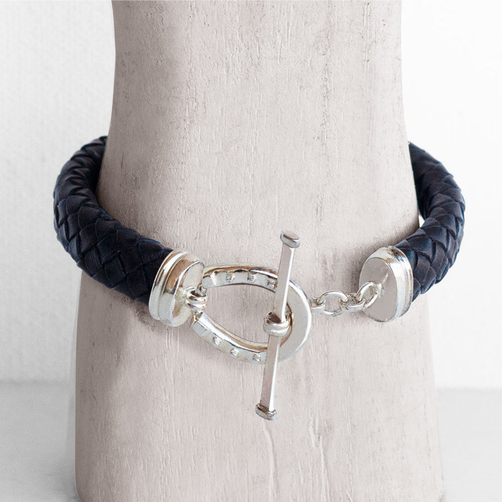 Aristo - Sterling Silver Black Leather Horseshoe Bracelet