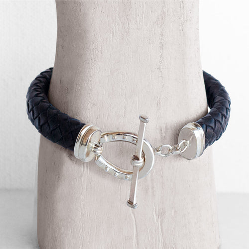 Aristo - Sterling Silver Black Leather Horseshoe Bracelet