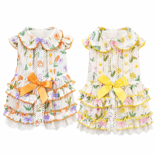 Floral Lace Dog Dress | Cottagecore Pet Princess Dress with Bow & Pearl Buttons