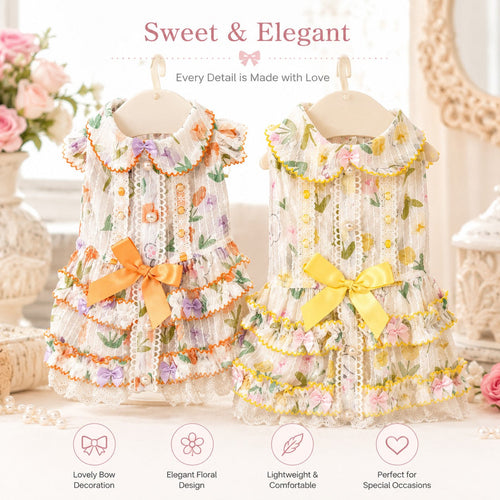 Floral Lace Dog Dress | Cottagecore Pet Princess Dress with Bow & Pearl Buttons