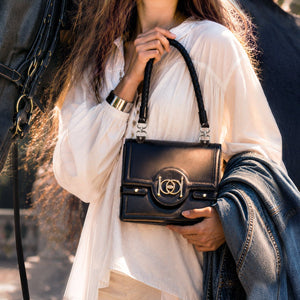 Bella -  Horse Bit Talisman Crossbody Luxury Leather Handbag in Black