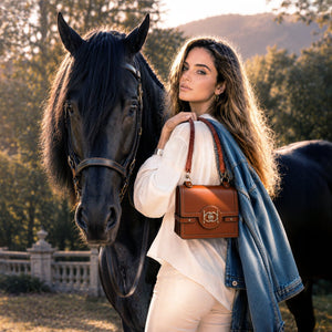 Bella -  Horse Bit Talisman Crossbody Luxury Leather Handbag in Cognac