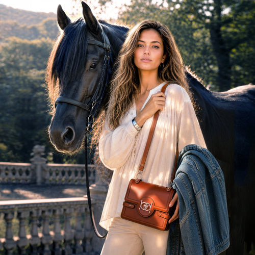 Bella -  Horse Bit Talisman Crossbody Luxury Leather Handbag in Cognac