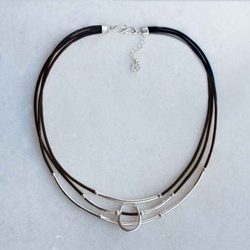 Calista - Equestrian Horseshoe Necklace on Black Leather