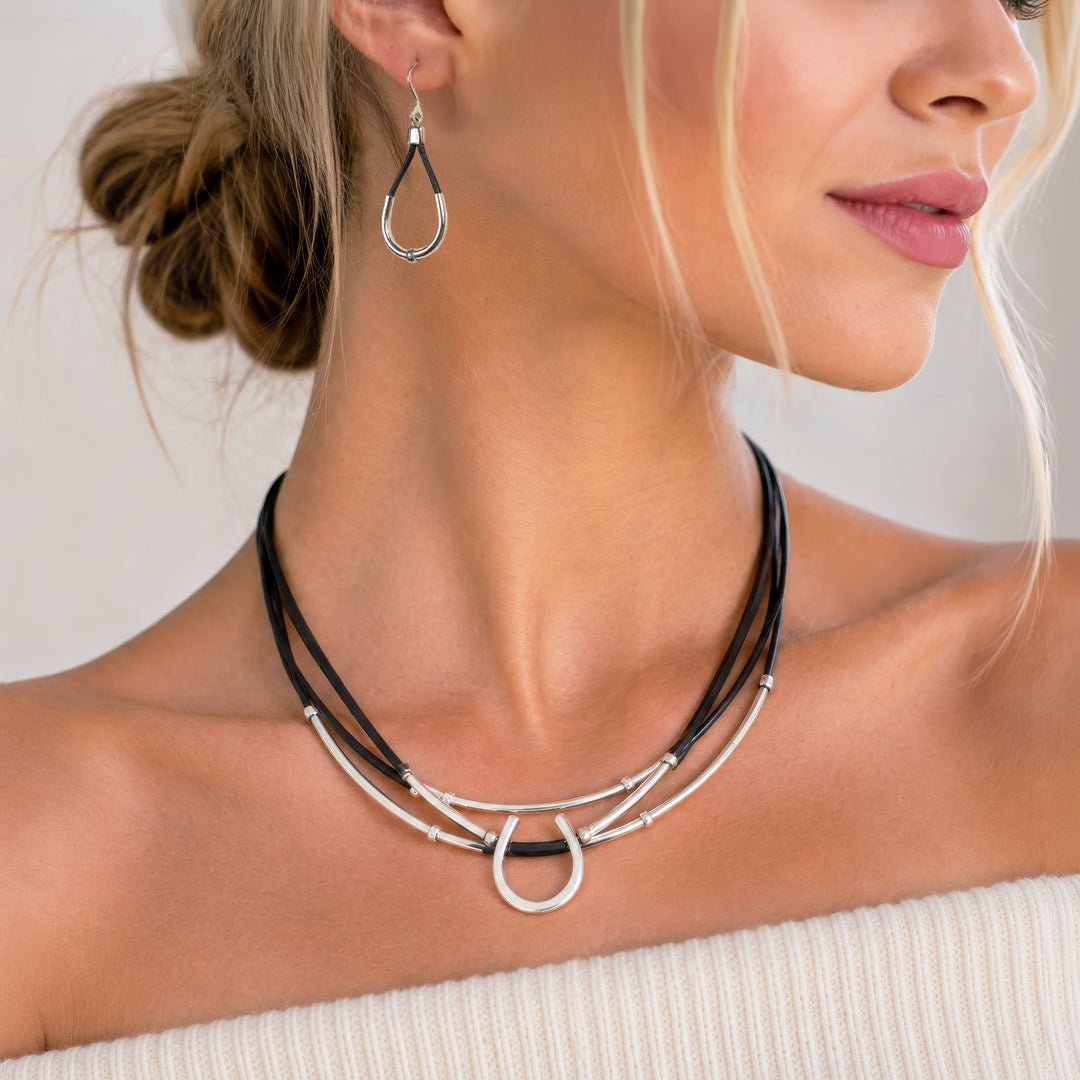 Calista - Equestrian Horseshoe Necklace on Black Leather