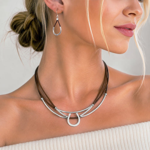 Calista - Equestrian Horseshoe Necklace on Brown Leather