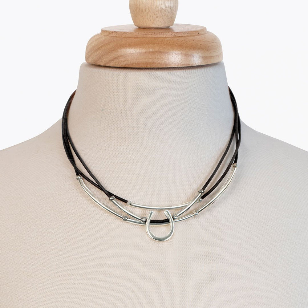 Calista - Equestrian Horseshoe Necklace on Black Leather