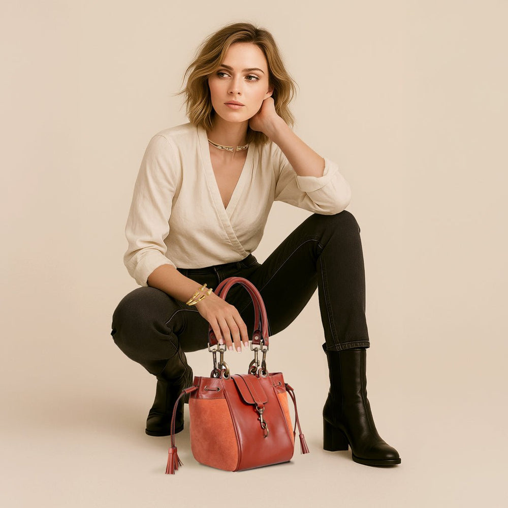 Cassidy - Luxury Leather Bucket Handbag in Cognac