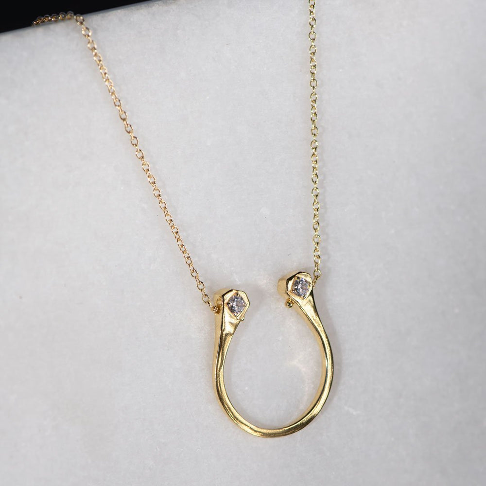Charmed - Mossanite Equestrian Horseshoe Nail Necklace in Gold