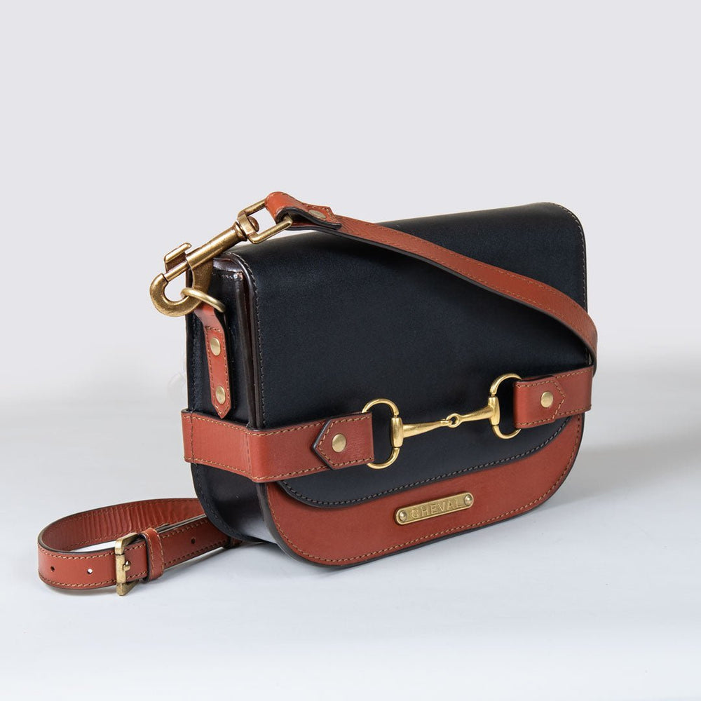 Saratoga- Horse Bit Crossbody Luxury Leather Handbag in Cognac on Black
