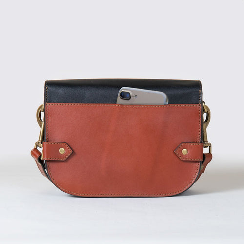 Saratoga- Horse Bit Crossbody Luxury Leather Handbag in Cognac on Black