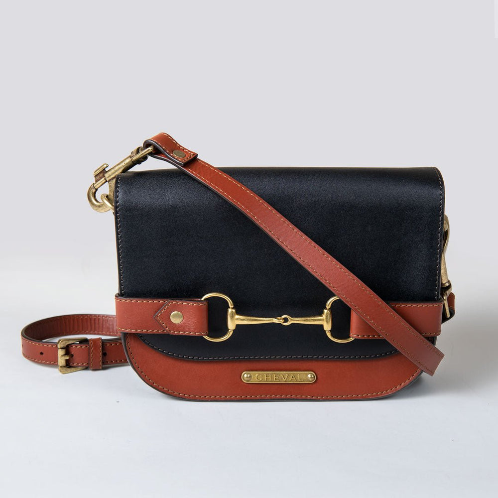 Saratoga- Horse Bit Crossbody Luxury Leather Handbag in Cognac on Black